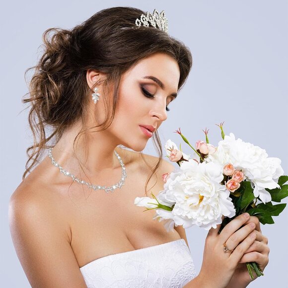 4 Pcs Crystal Rhinestone Wedding Set for Women Silver Wedding Necklace and Earri - Picture 3 of 9